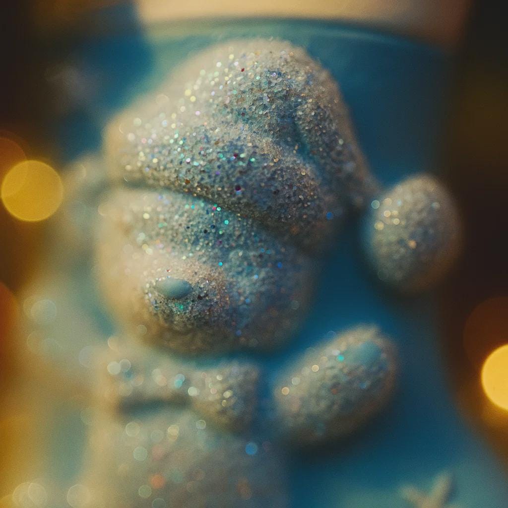 A glossy resin baby boy stocking ornament features a soft pastel blue Christmas stocking shape with a raised glitter style baby figure on the front, white cuff detail, small star accents, and smooth painted surfaces, surrounded by warm holiday lights and nursery themed props, handwritten personalization showing one baby name on the top cuff and the year written near the bottom of the stocking, designed as a mostly 2D ornament with raised 3D details on the front only.