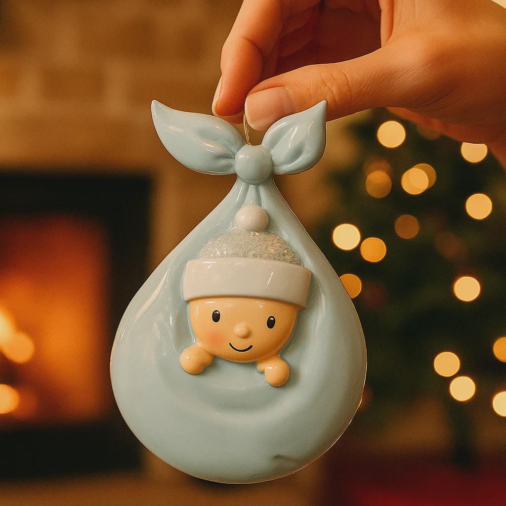Decorative ornament of a baby in a blue bag with a bow, held against a warm, blurred background.