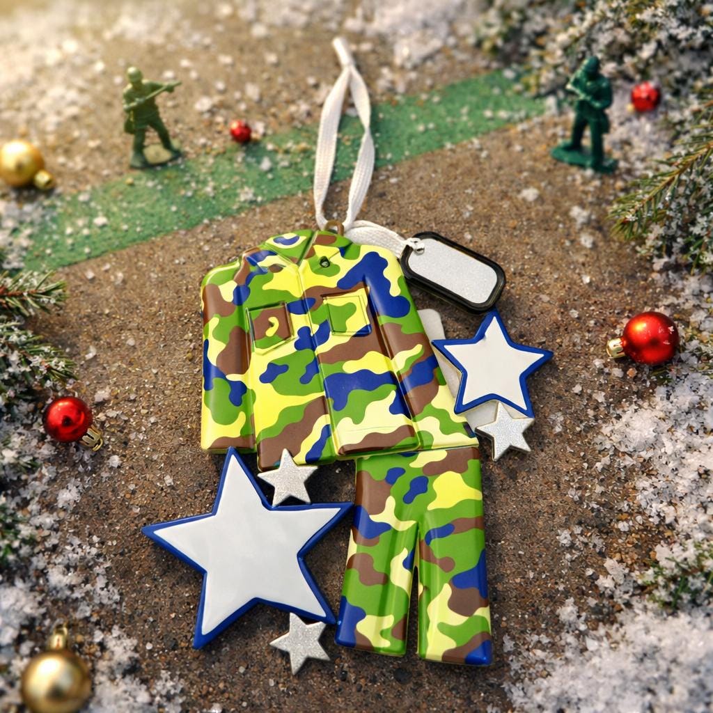 A glossy resin Army soldier uniform ornament in green brown and blue camouflage colors features a military jacket and pants shape with raised buttons and pockets, white and blue star accents, light snow texture, a smooth painted cartoon style finish, and handwritten personalization showing a name and year on the attached tag, designed as a mostly 2D ornament with raised 3D details on the front only for Christmas tree decor.