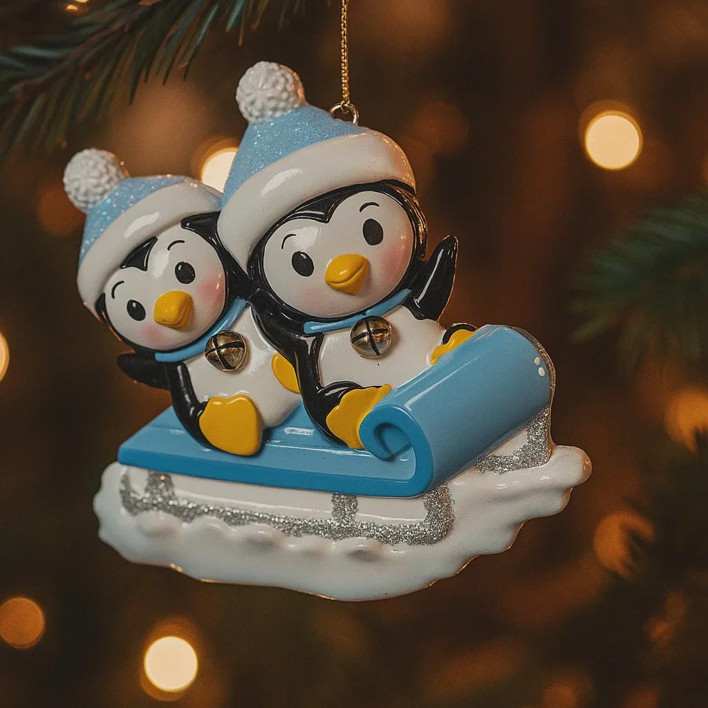 Decorative ornament with two penguins on a sled against a blurred Christmas tree background.