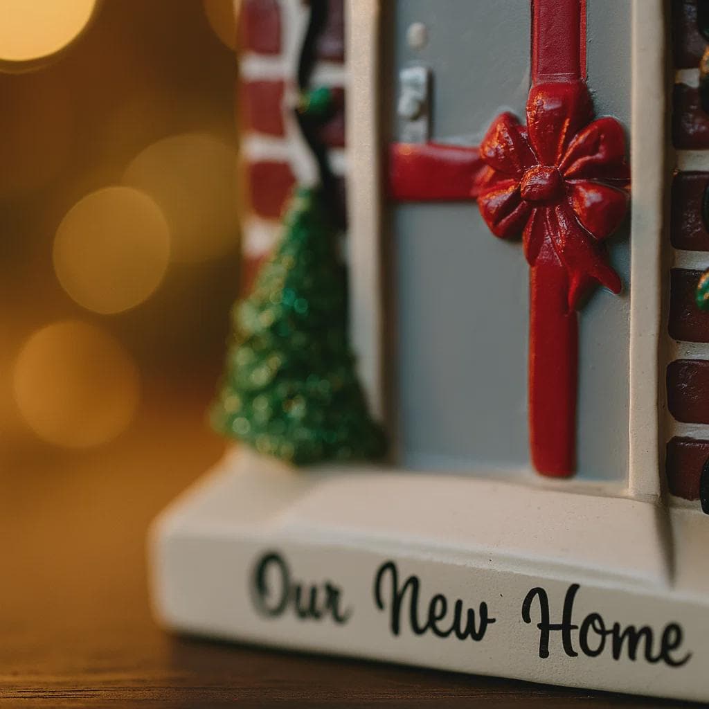 Decorative item with a red bow and 'Our New Home' text, blurred lights in the background