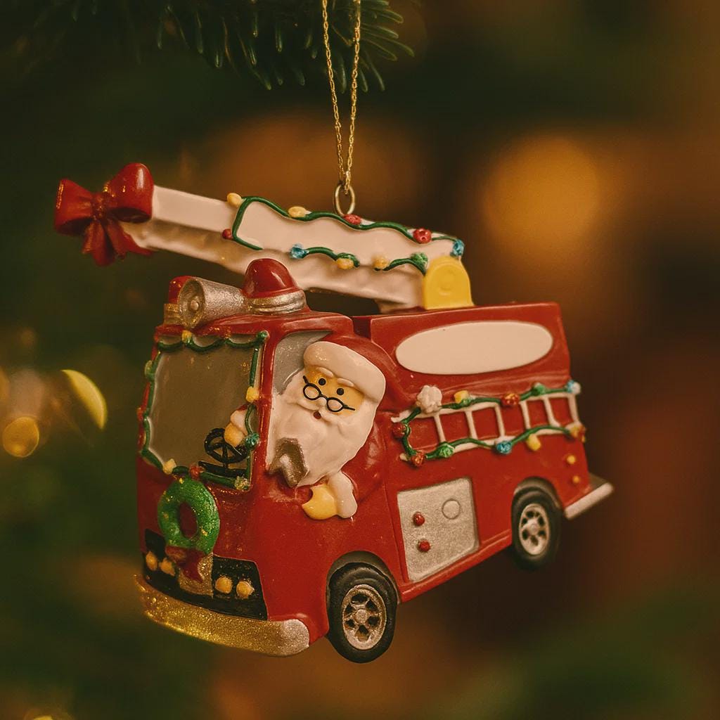 Decorative Christmas ornament of a red fire truck with Santa driving, hanging on a tree.