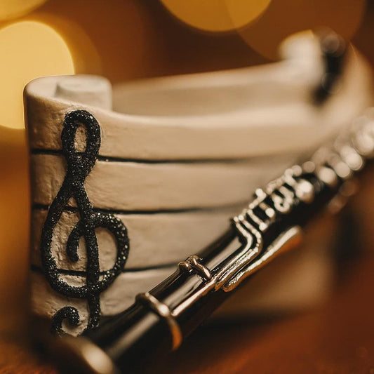Flute with a treble clef design on a warm-toned background