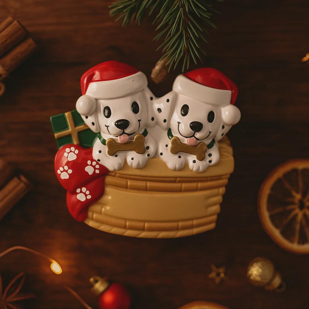 Personalized Christmas dog ornament featuring two adorable dalmatian puppies sitting together on a cozy basket, each wearing a Santa hat and holding a bone. Both puppies can be customized with names, while the front of the basket is personalized with a year or family name. Decorated with festive details like a stocking, gift box, and holiday accents, this ornament has a raised 3D front and smooth finish, making it perfect for dog lovers, couples, families, and Christmas tree decor.
