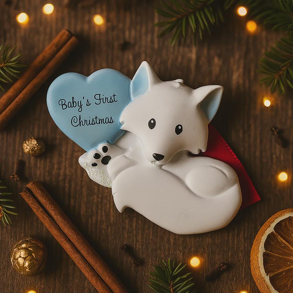 White fox ornament holding a blue heart with 'Baby's First Christmas' text on a wooden background with cinnamon sticks and pine branches.