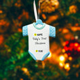 Load image into Gallery viewer, Personalized Baby’s First Christmas Ornament designed as a sweet baby bodysuit with soft blue polka dot sleeves and trim. This ornament features a raised 3D front with textured details and dimensional edges for a charming keepsake look. The baby’s name is added at the top and the year below, creating a meaningful newborn memory gift. Perfect for baby boy first Christmas, newborn celebration, holiday tree decor, and special family milestone ornament.
