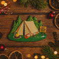 Load image into Gallery viewer, Decorative Christmas ornament with a tent and 'Don't Feed the Bears!' sign on a wooden background.
