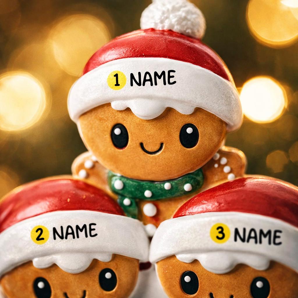 Three gingerbread men ornaments with Santa hats and name labels against a blurred festive background.
