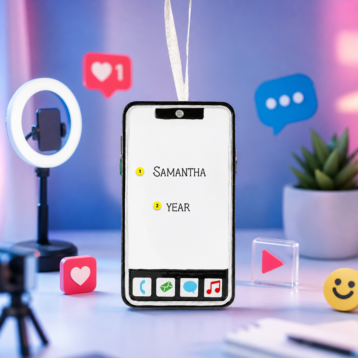 Smartphone with social media interface on a desk with lighting equipment and decor
