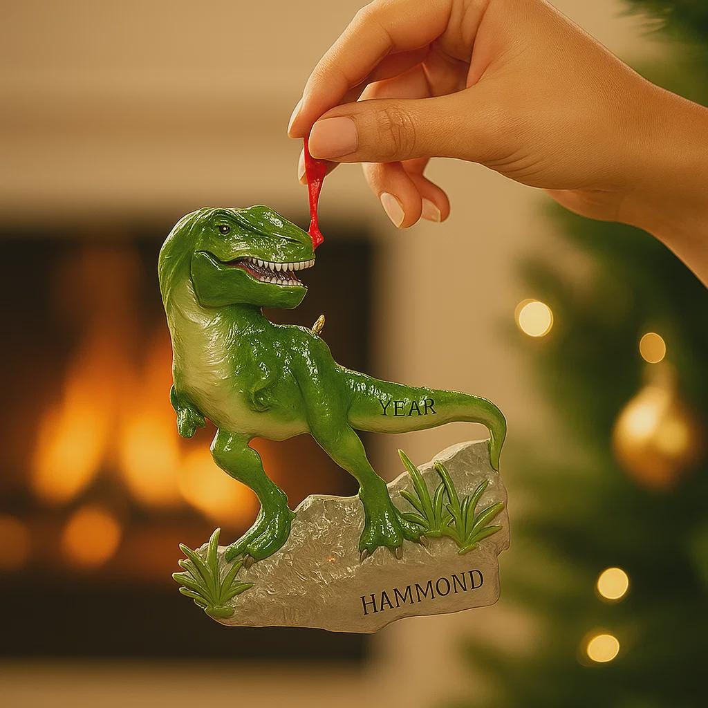 Realistic dinosaur themed Christmas ornament featuring a detailed T-Rex design with vibrant green tones and a playful yet bold appearance. Styled in a warm holiday setting, this ornament is designed to be personalized and makes a fun keepsake for kids who love dinosaurs and adventure themed decorations