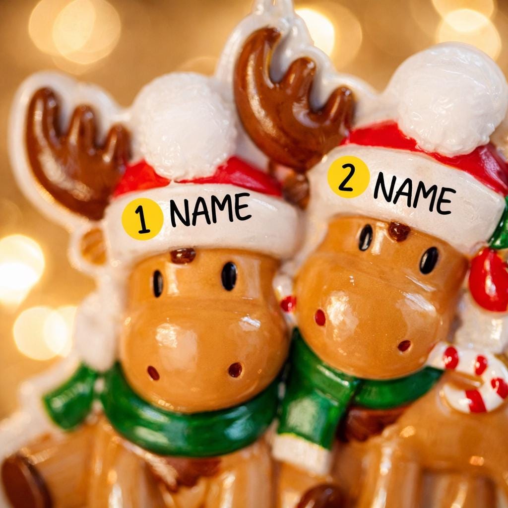 Close up view of a personalized reindeer couple ornament featuring two festive reindeer wearing Santa hats with customizable names. Designed to celebrate couples, families, siblings, or loved ones, this ornament highlights togetherness and holiday warmth. A charming Christmas keepsake perfect for tree decor, gift giving, and preserving shared holiday memories.
