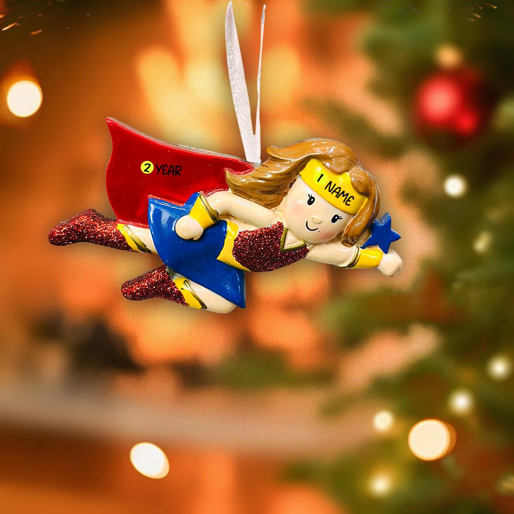Flying Superhero Girl Christmas Ornament | Personalized Name & Year