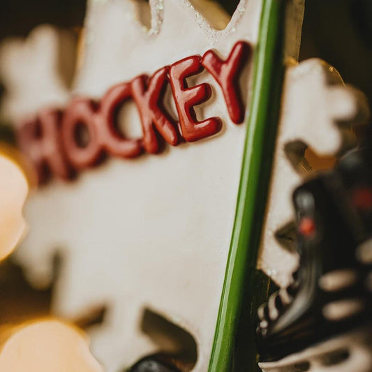 Decorative item with 'HOCKEY' text on a blurred background