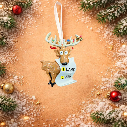 Decorative reindeer ornament with customizable text on a festive background