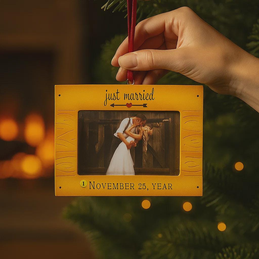 Personalized just married photo frame ornament featuring a rustic yellow frame design. A romantic keepsake for newlyweds couples celebrating their first Christmas married or Valentine’s Day. Perfect wedding gift engagement decor and meaningful holiday ornament.