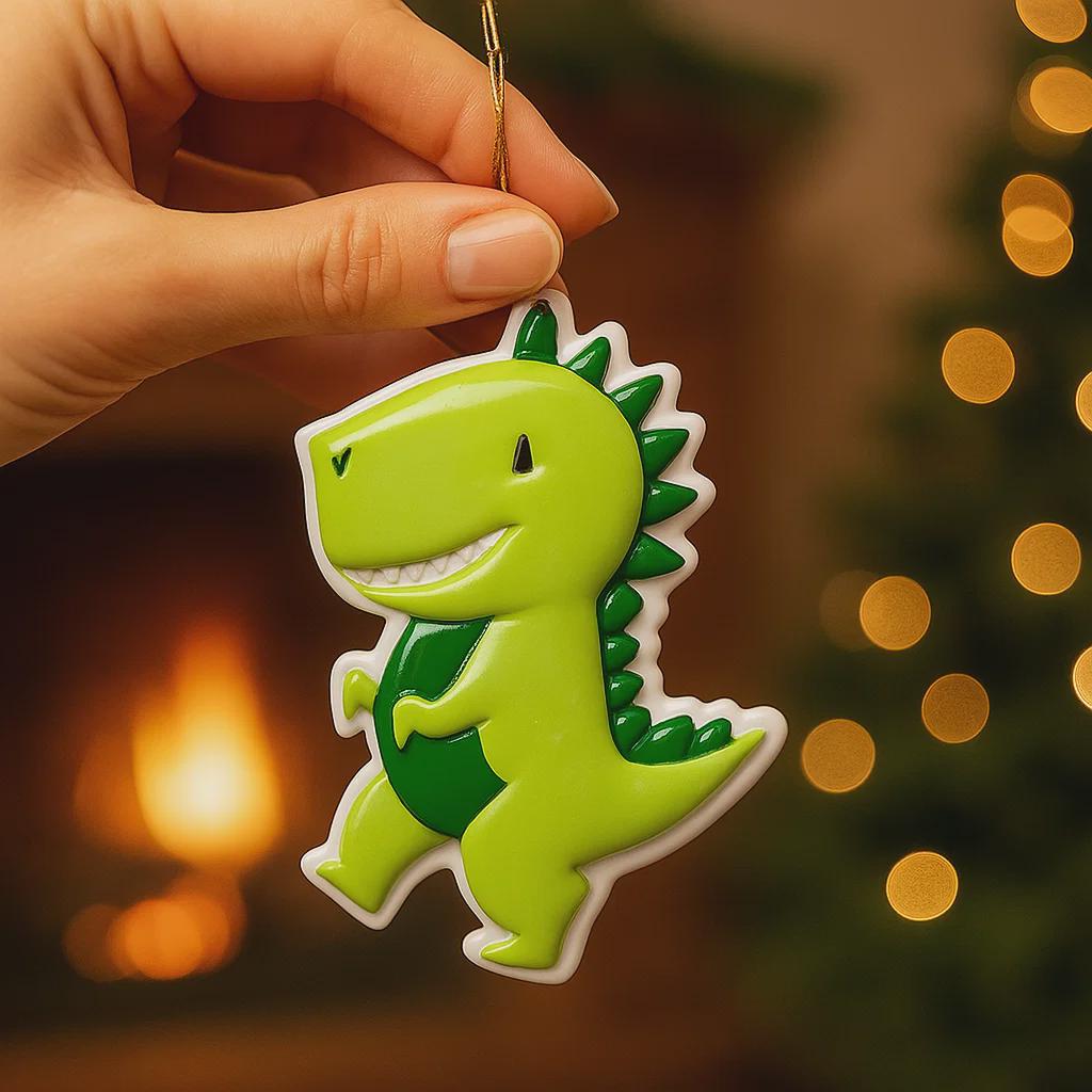Personalized dinosaur Christmas ornament with a raised 3D front featuring a cute green dinosaur design and glossy detailed texture. The ornament has a flat 2D back for easy hanging and durability. Bright green color, playful smile, and sculpted spikes create a fun and eye catching look. Hand personalized with name and year. Perfect kids Christmas ornament, dinosaur themed holiday decor, and personalized keepsake gift.