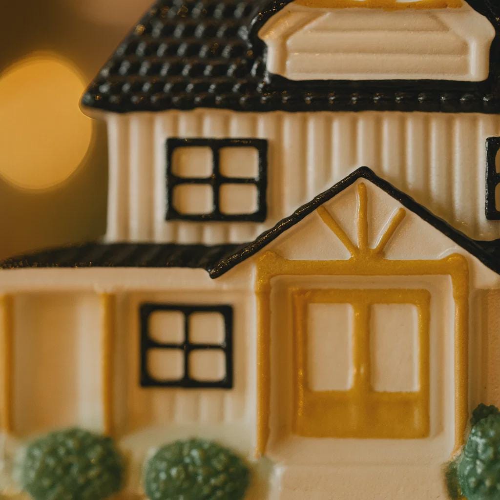 Close-up of a ceramic house with black roof and windows, green bushes, and a yellow sun.