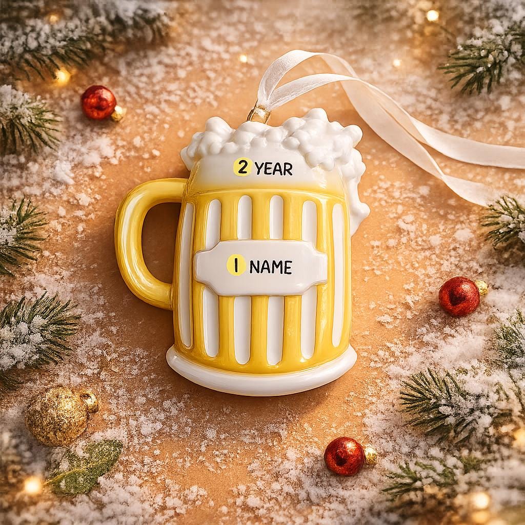 Decorative mug ornament with customizable text on a festive background