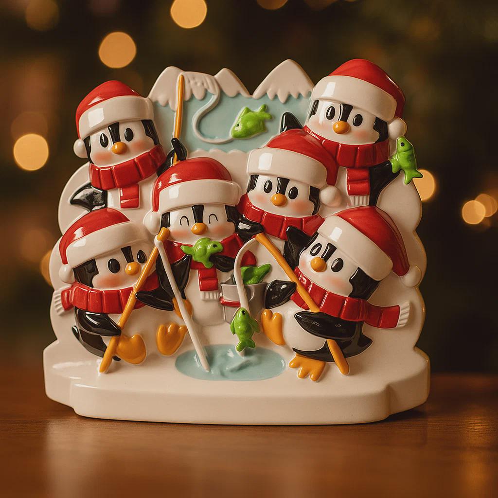 Decorative penguin figurine set with Christmas hats and scarves on a blurred background