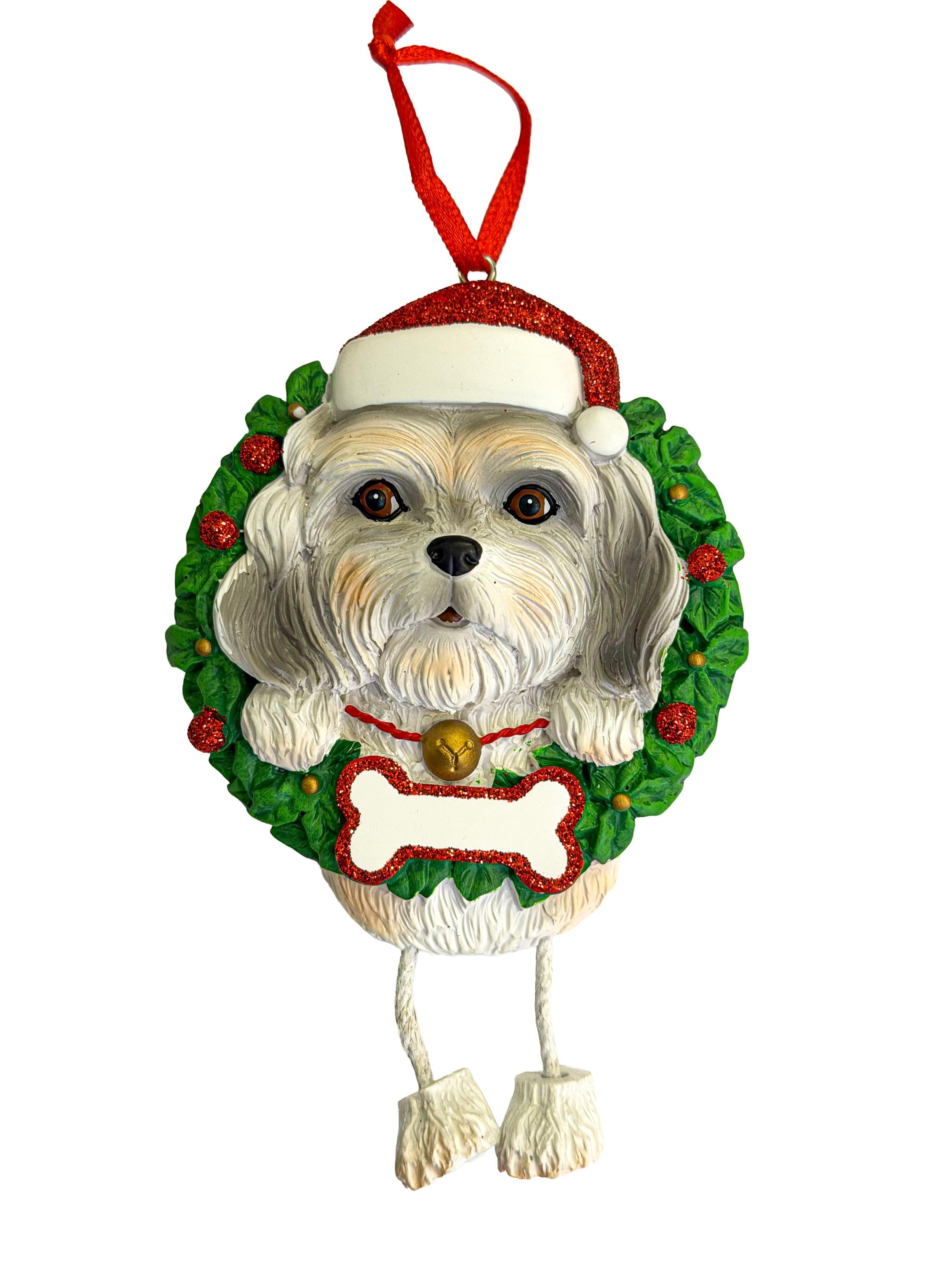 Dog Christmas ornament with wreath and Santa hat on a white background
