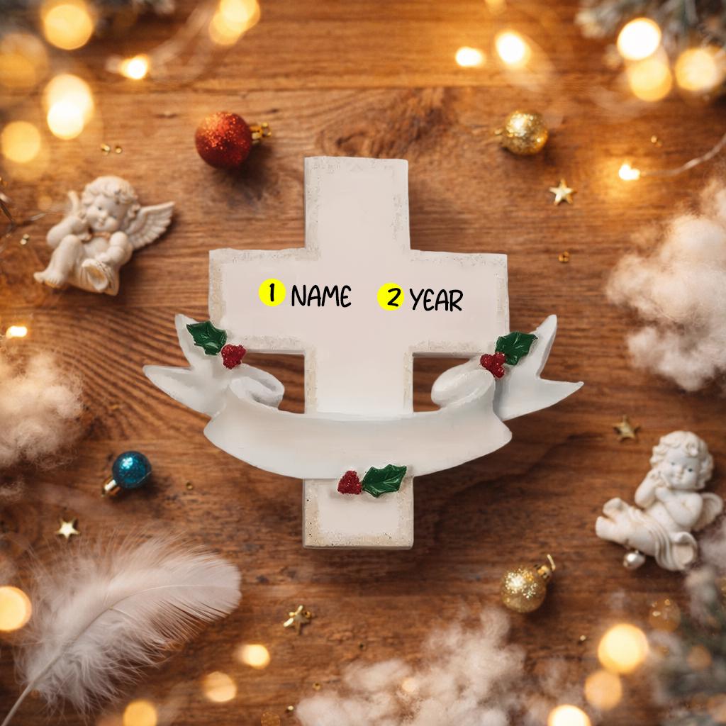 Personalized memorial cross ornament featuring a classic white cross design with a smooth matte finish and gentle holiday accents. Includes free handwritten personalization with name and year displayed on the front. Designed with a raised 3D front and flat back for easy hanging. A meaningful keepsake ornament created to honor loved ones and cherish memories during the holiday season. Perfect for remembrance decor faith inspired gifts and Christmas tree display.