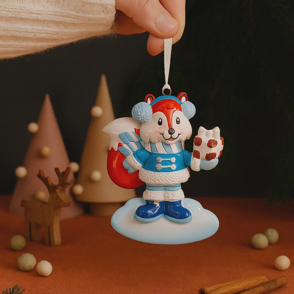 Decorative fox ornament with winter clothing held by a hand against a dark background.