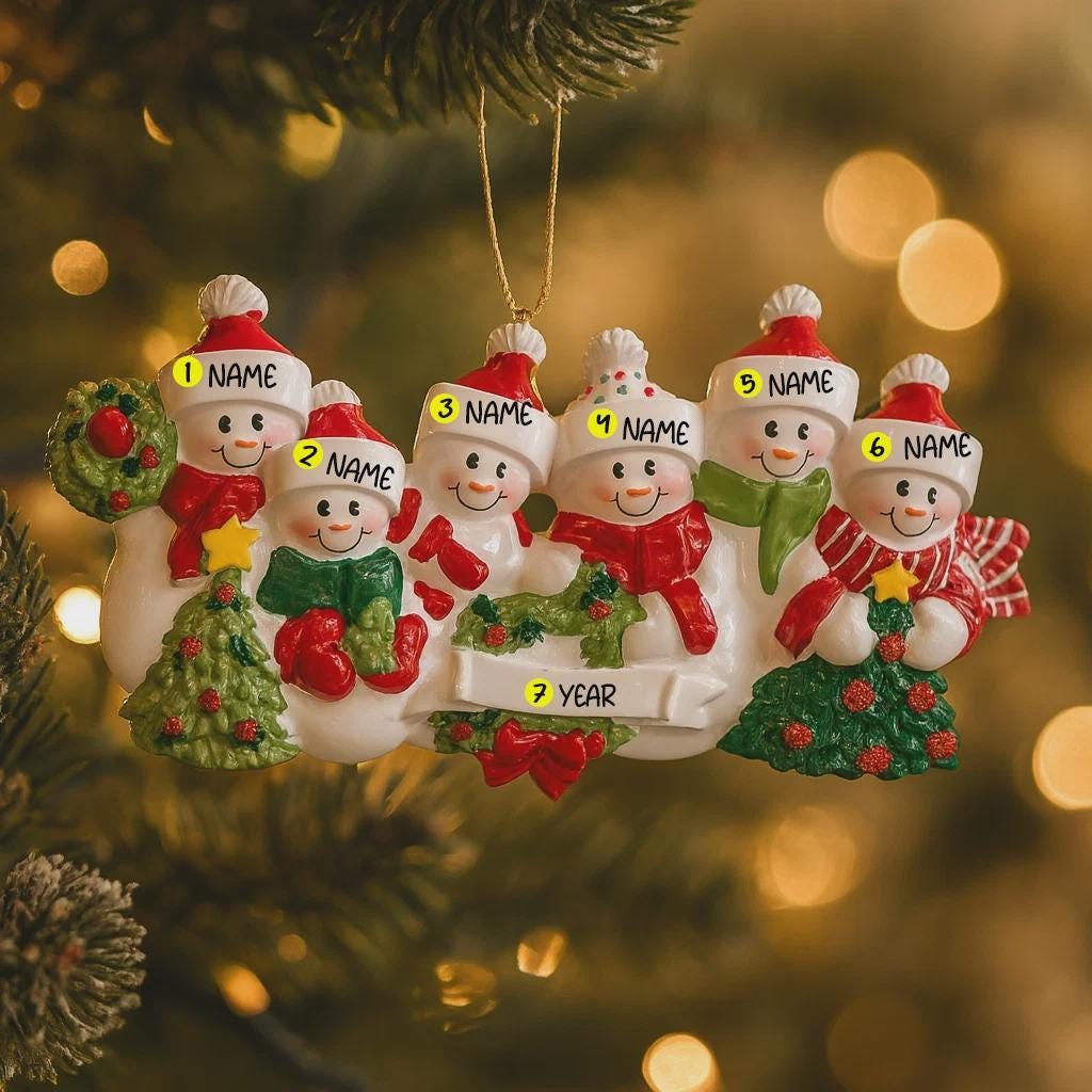 Snowman Family of 6 Christmas Ornament | Personalized Names and Year | Winter Tree Decor Keepsake
