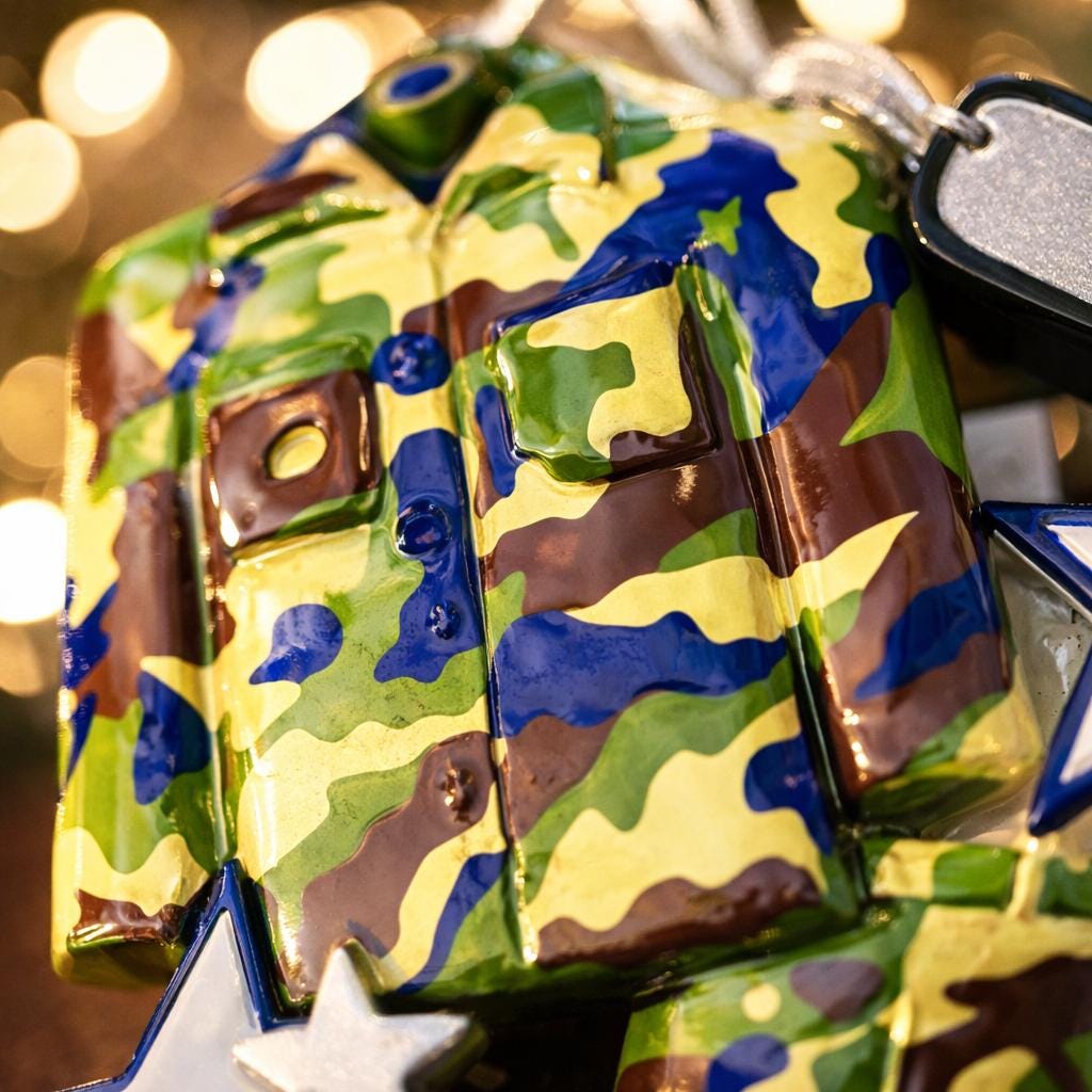 A glossy resin Army soldier uniform ornament in green brown and blue camouflage colors features a military jacket and pants shape with raised buttons and pockets, white and blue star accents, light snow texture, a smooth painted cartoon style finish, and handwritten personalization showing a name and year on the attached tag, designed as a mostly 2D ornament with raised 3D details on the front only for Christmas tree decor.