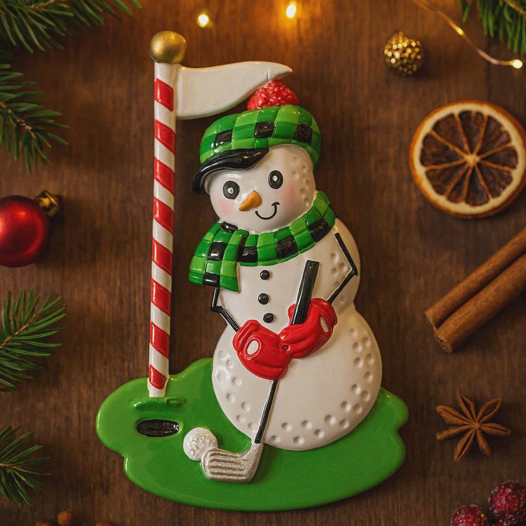 Decorative snowman ornament with golfing equipment on a wooden surface with Christmas decorations.