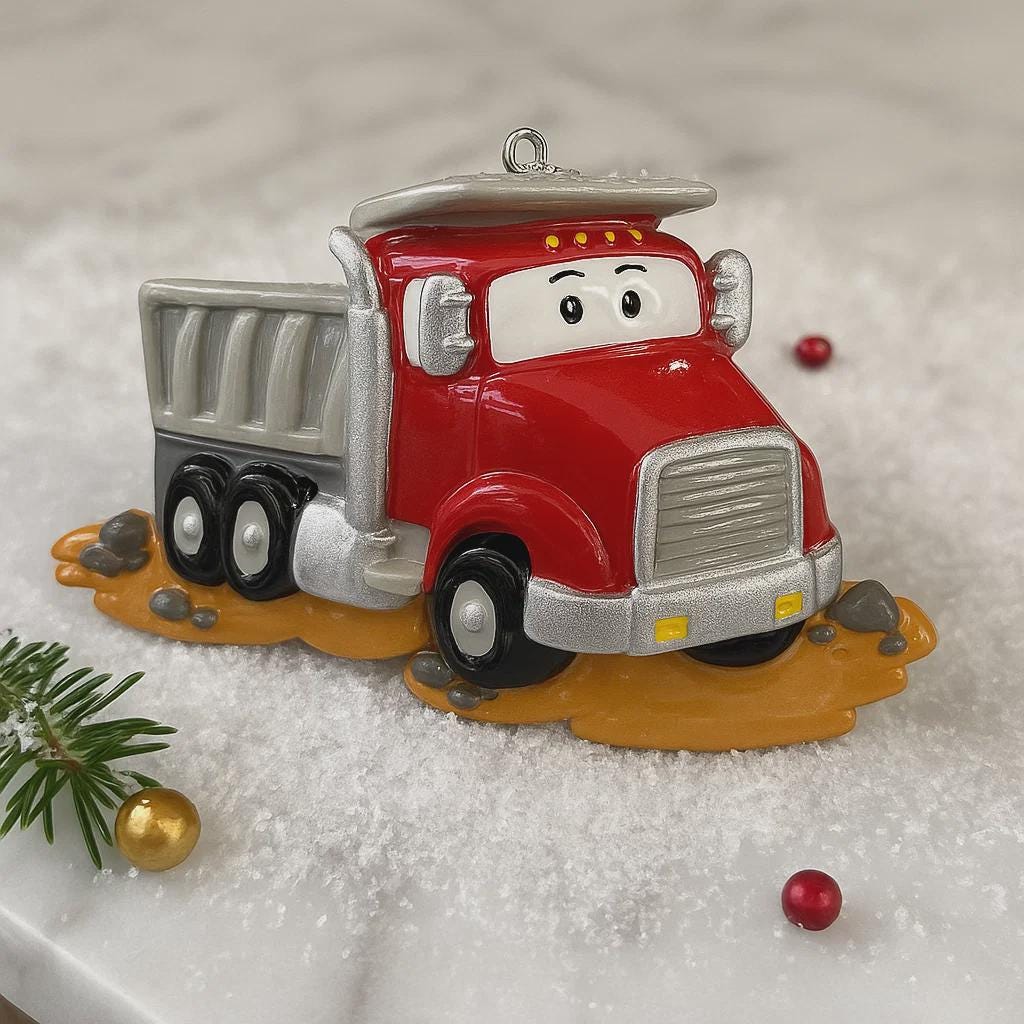 Decorative Christmas ornament of a red truck with a smiling face on a snowy background.