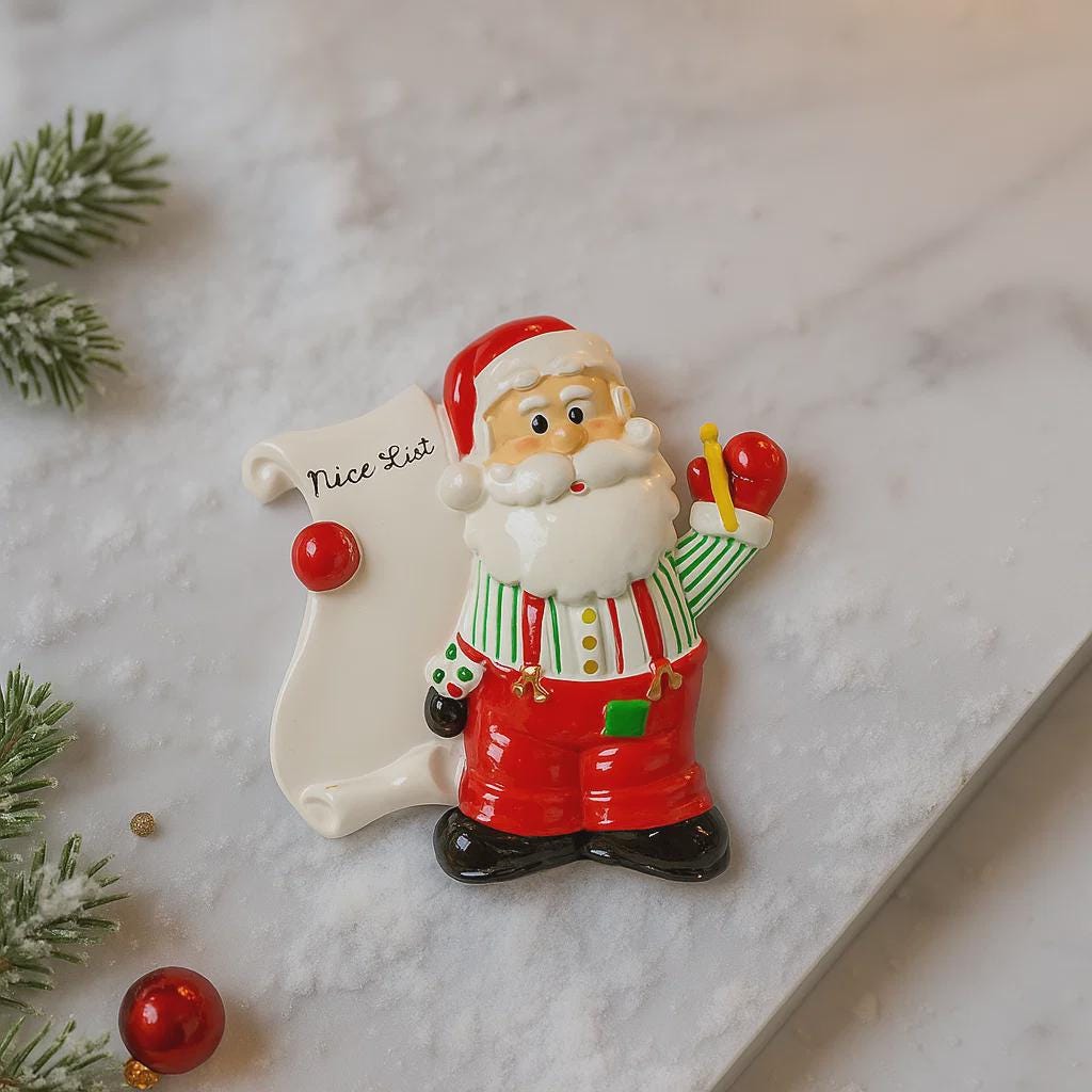 Decorative Christmas ornament of Santa Claus holding a 'Nice List' sign on a marble surface with pine branches.