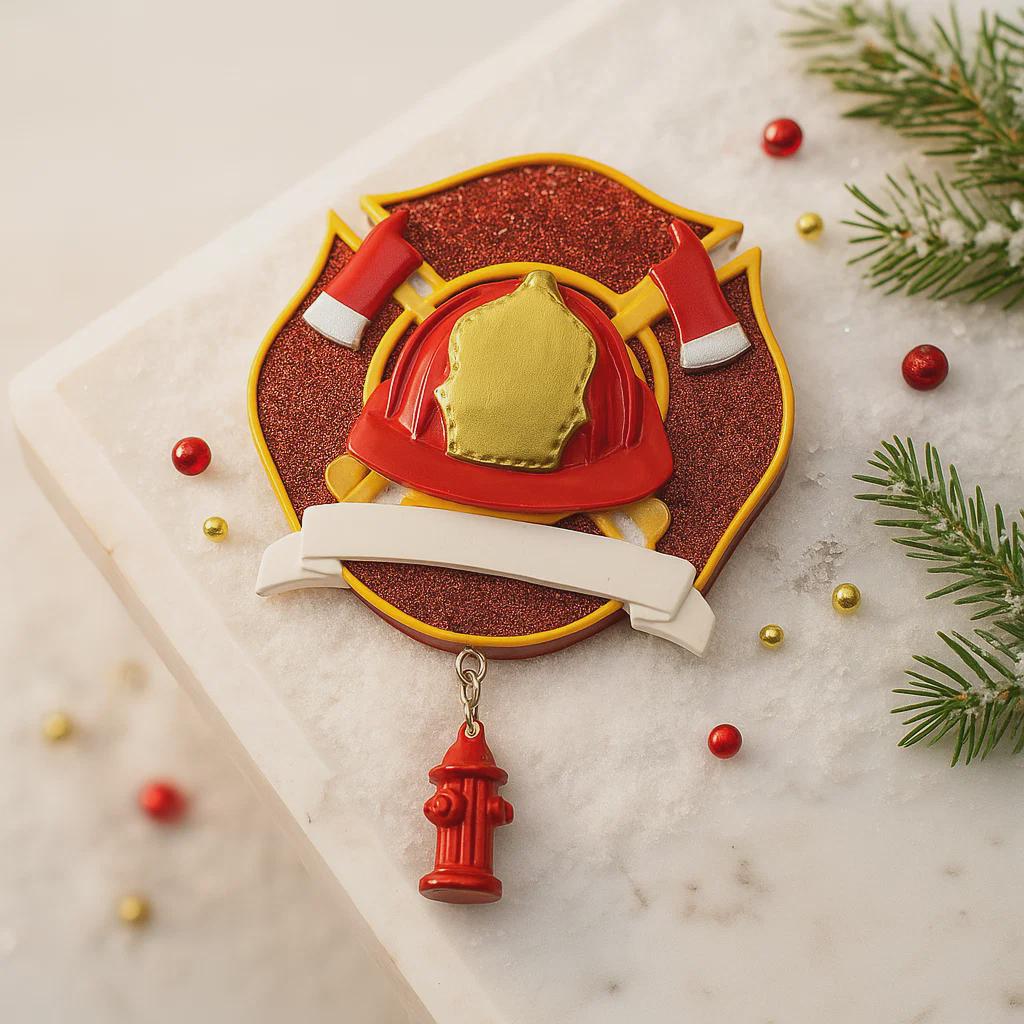 Decorative Christmas ornament with firefighter helmet and fire hydrant charm on a marble surface with festive decorations.