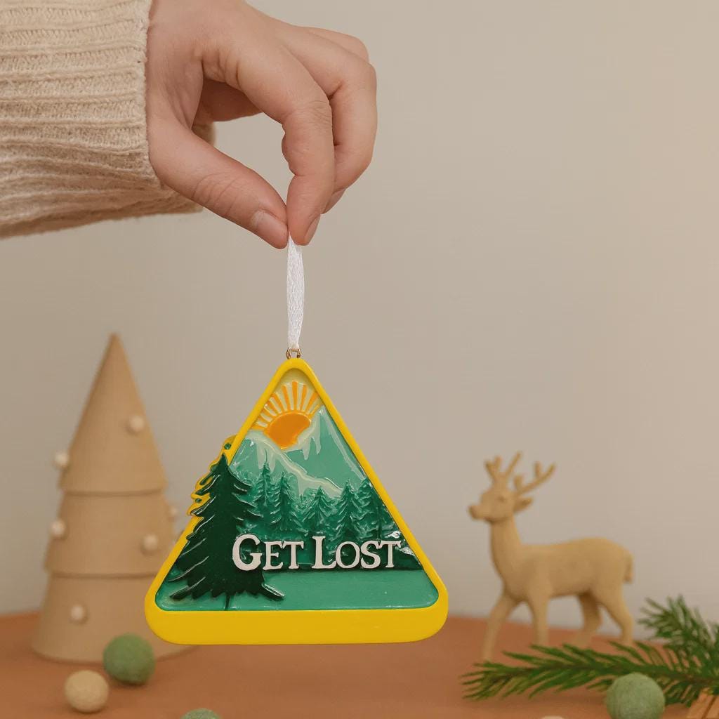 Triangle-shaped ornament with mountain design and 'GET LOST' text, held by a hand with Christmas decorations in the background.