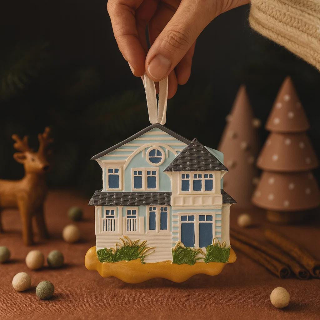 Decorative house ornament being held above a festive scene with trees and deer.
