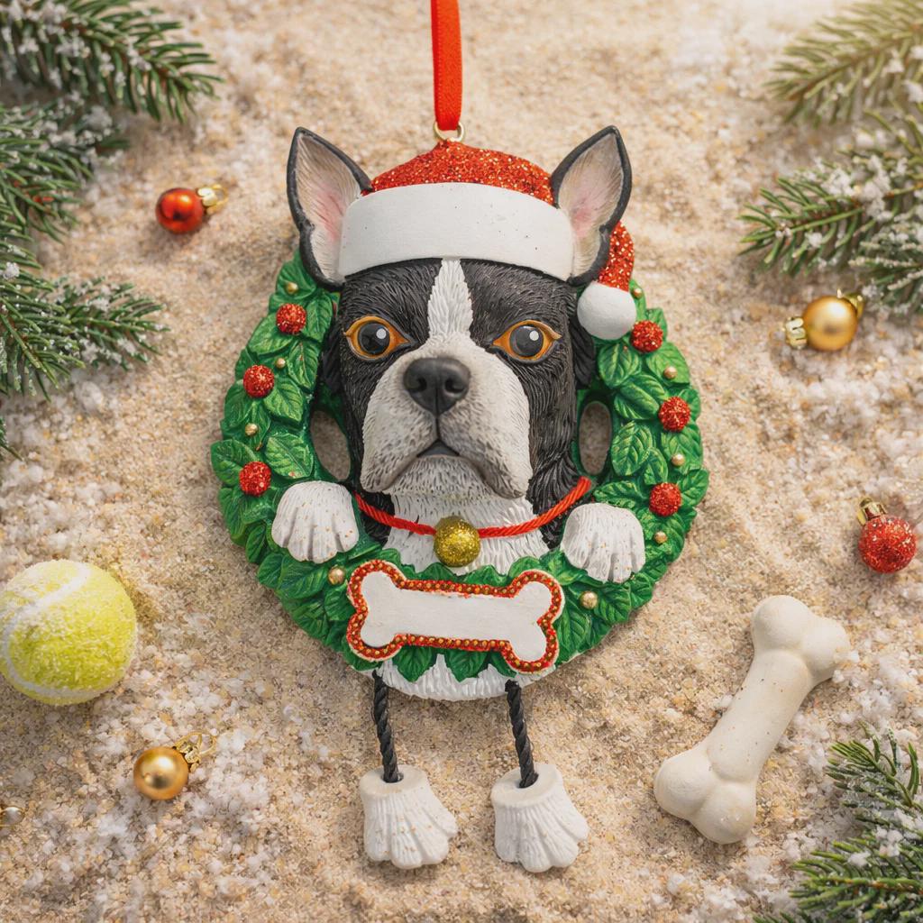 Christmas ornament of a dog in a wreath with festive decorations on a sandy background.