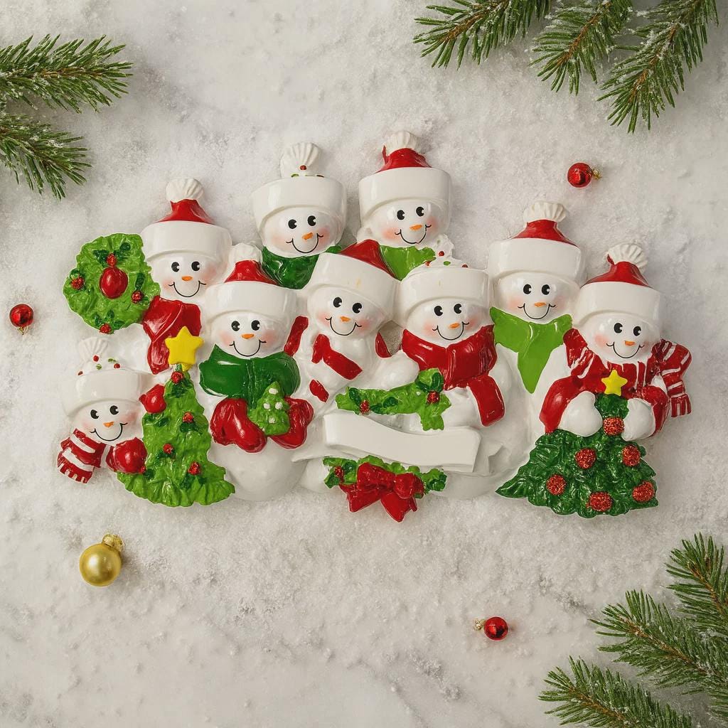 Snowman Family of 9 Christmas Ornament | Personalized Names and Year | Winter Tree Decor Keepsake