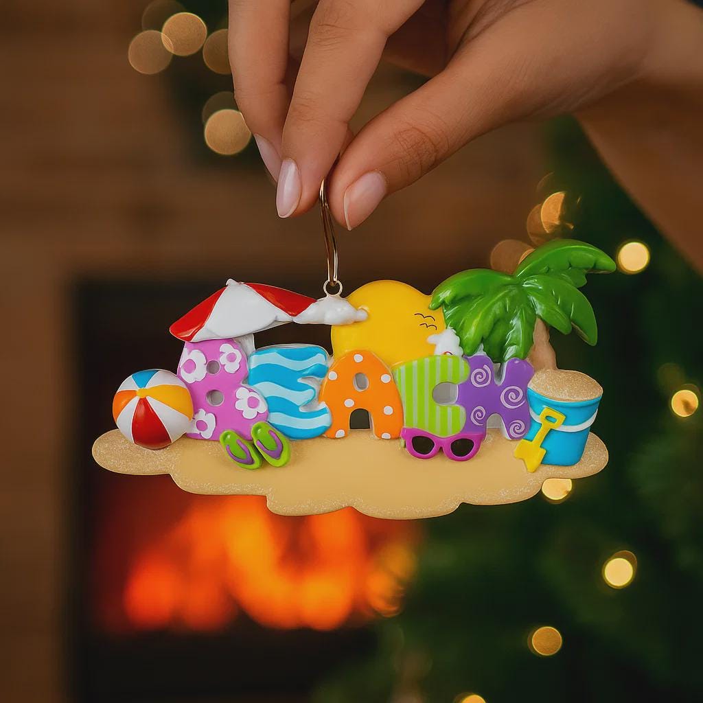 Personalized beach vacation ornament featuring colorful summer themed letters spelling BEACH with playful details including sunglasses palm tree sun umbrella beach ball and sand bucket. Designed with a smooth glossy finish and a raised 3D front with a flat back for easy hanging. Includes free handwritten personalization with one name and year on the sandy base. Styled on a bright beach inspired background with warm light reflections creating a fun tropical holiday vibe. Perfect for Christmas tree decor summ
