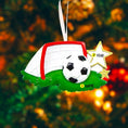 Load image into Gallery viewer, Personalized soccer ornament featuring a detailed goal and ball design with a glossy finish and raised 3D details. The ornament includes one custom name and year displayed on the front. Styled with festive lighting and greenery, this sports themed ornament is perfect for soccer lovers, players, and coaches. Designed with a 3D front and flat back, lightweight and easy to hang on a Christmas tree or display year round.

