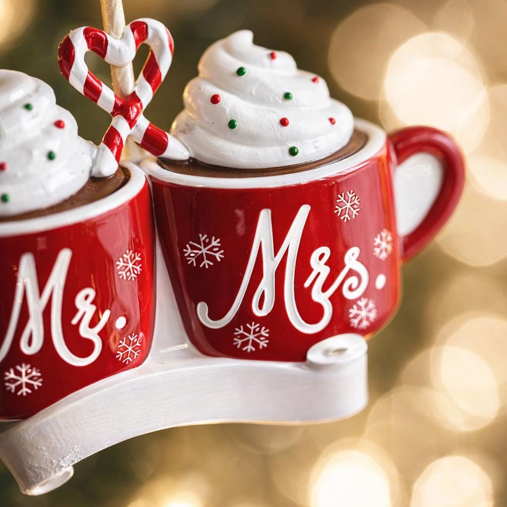 Romantic Mr and Mrs Christmas ornament featuring cozy hot cocoa cups design symbolizing love and togetherness. A perfect keepsake for newlyweds couples celebrating their first Christmas married. Ideal wedding gift holiday decor and meaningful seasonal ornament.