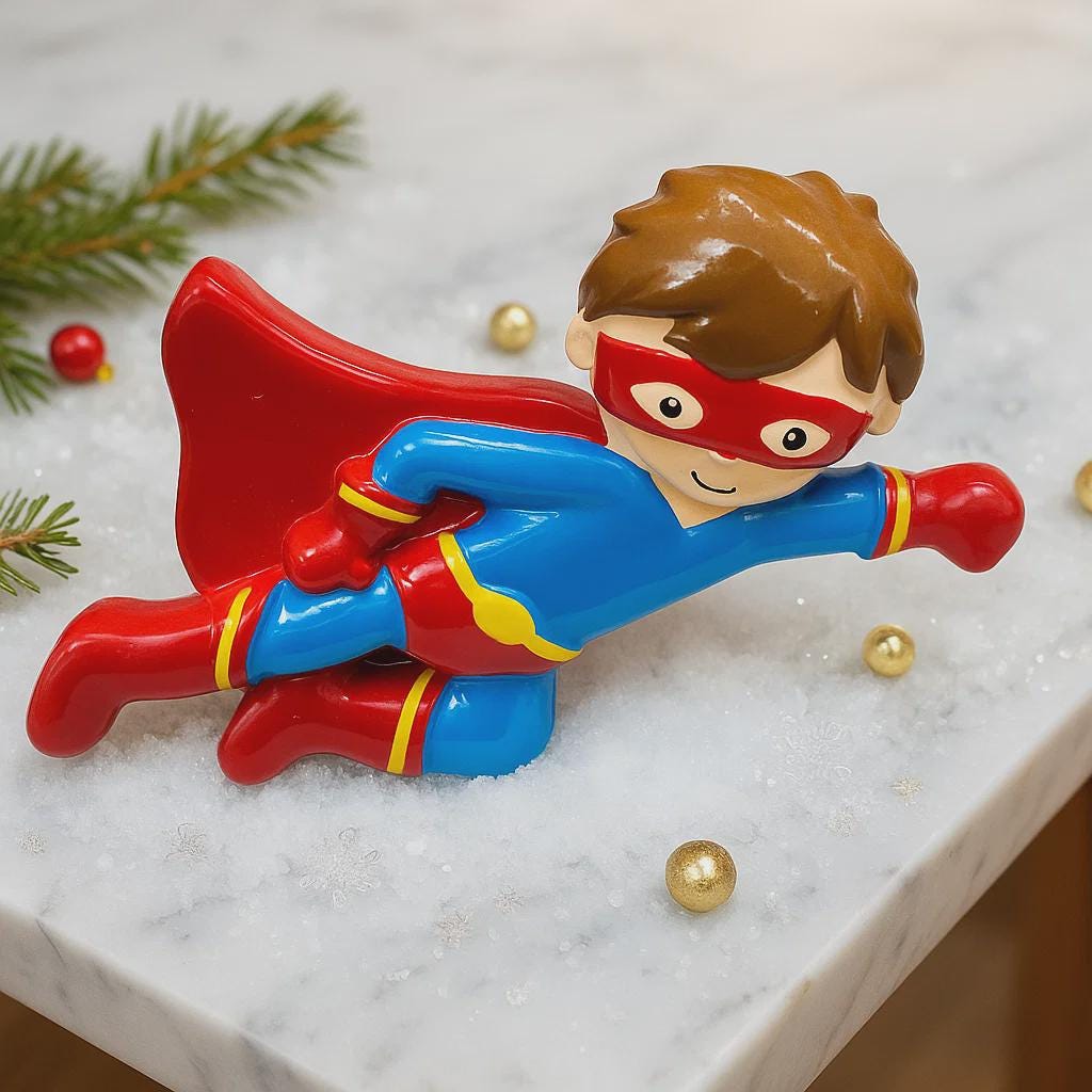 Toy ornament of a superhero in a red and blue costume with a cape on a marble surface.