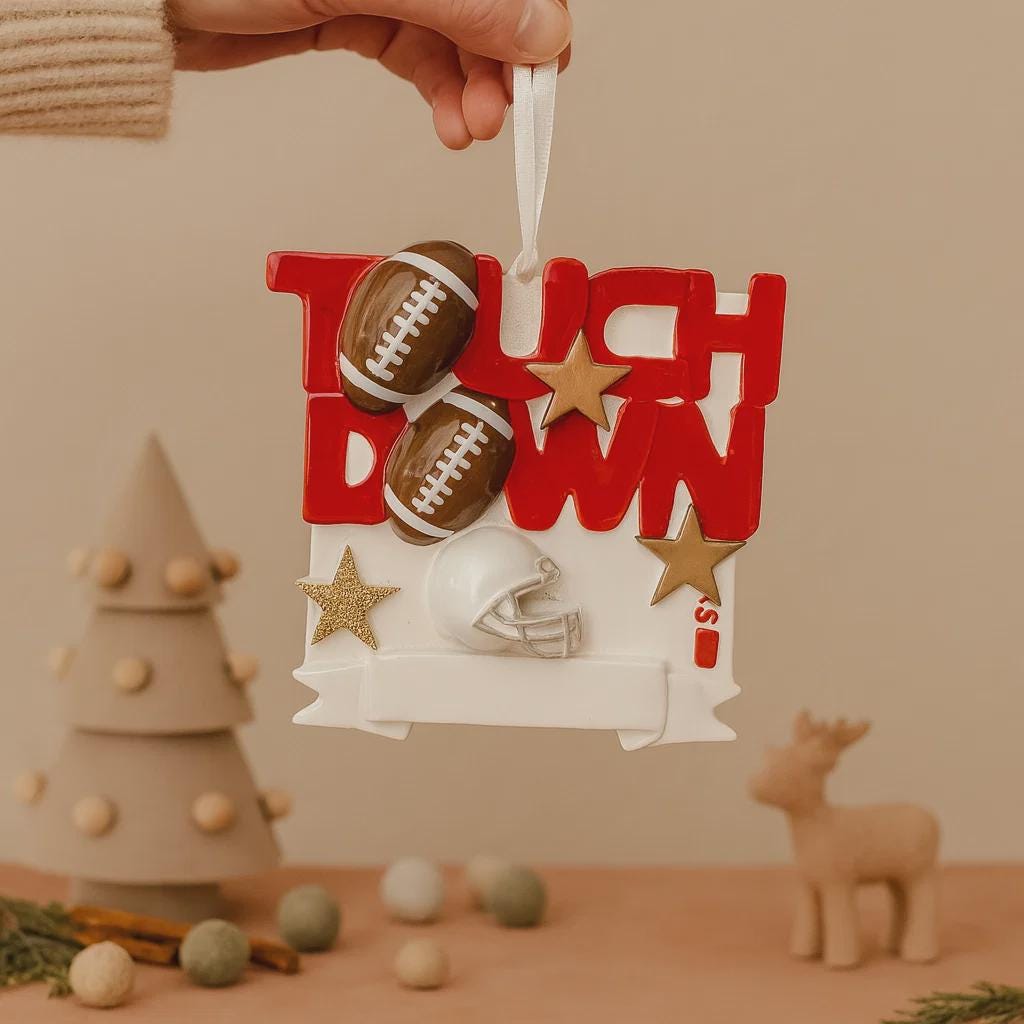 Decorative ornament with 'Touch down' text and football elements on a beige background