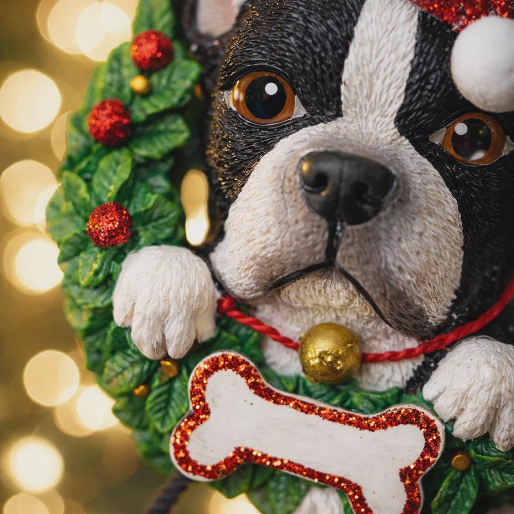 Dog figurine ornament with a wreath and lights in the background