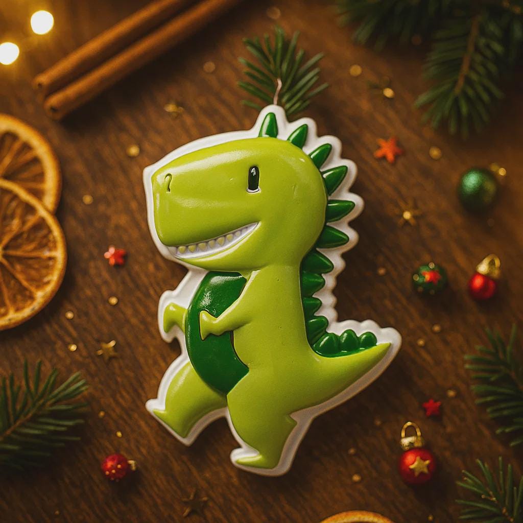Personalized dinosaur Christmas ornament with a raised 3D front featuring a cute green dinosaur design and glossy detailed texture. The ornament has a flat 2D back for easy hanging and durability. Bright green color, playful smile, and sculpted spikes create a fun and eye catching look. Hand personalized with name and year. Perfect kids Christmas ornament, dinosaur themed holiday decor, and personalized keepsake gift.
