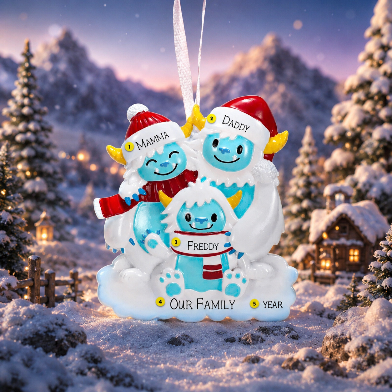 personalized Christmas ornament with yeti family of three in winter clothing