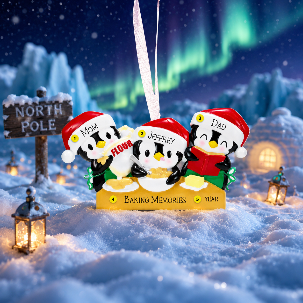 family of 3 baker penguin ornament in the north pole