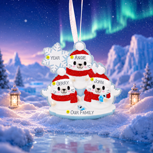 Personalized Christmas ornament with family of 3 seal in red sweaters