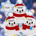 Load image into Gallery viewer, Personalized Christmas ornament with family of 3 seal in red sweaters
