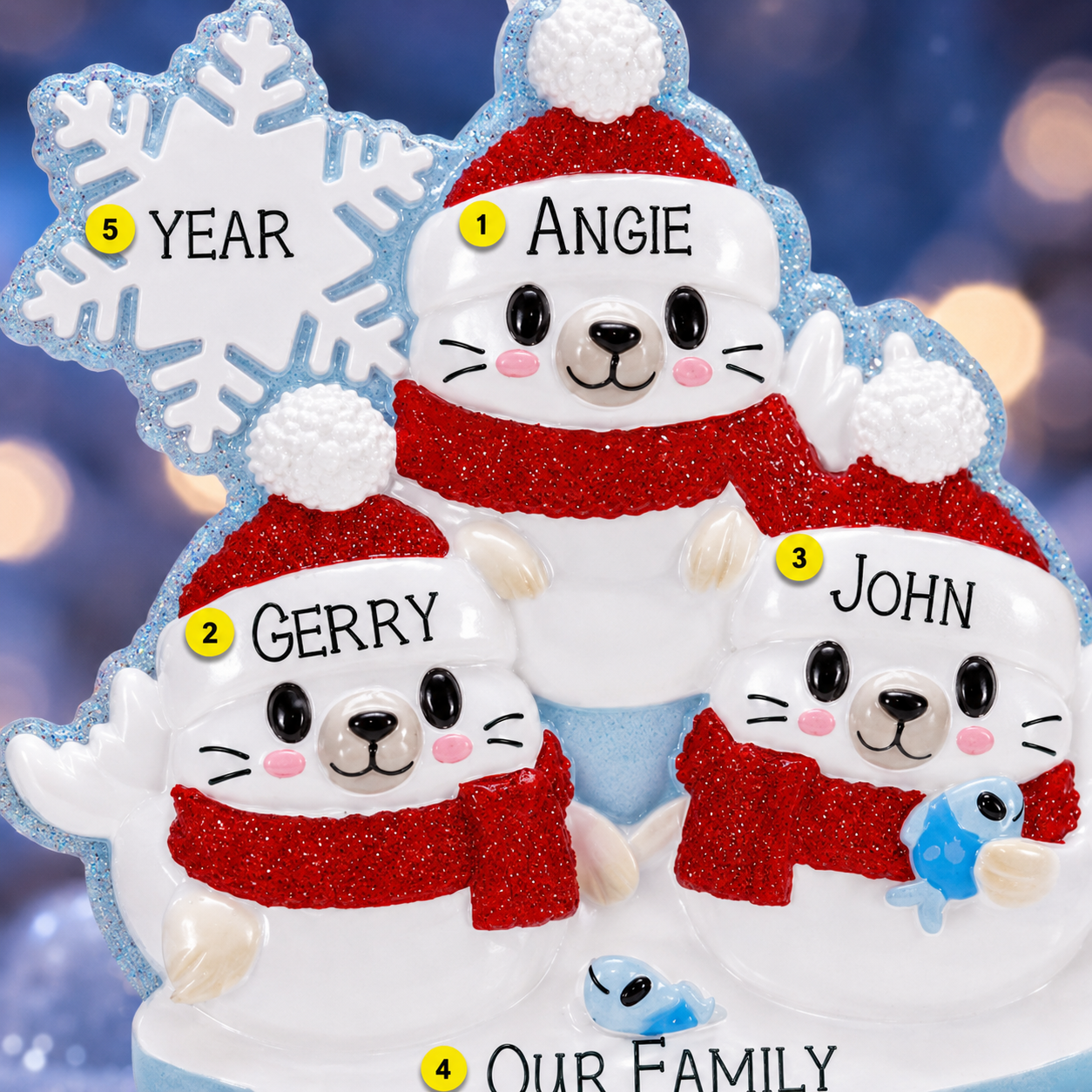 Personalized Christmas ornament with family of 3 seal in red sweaters