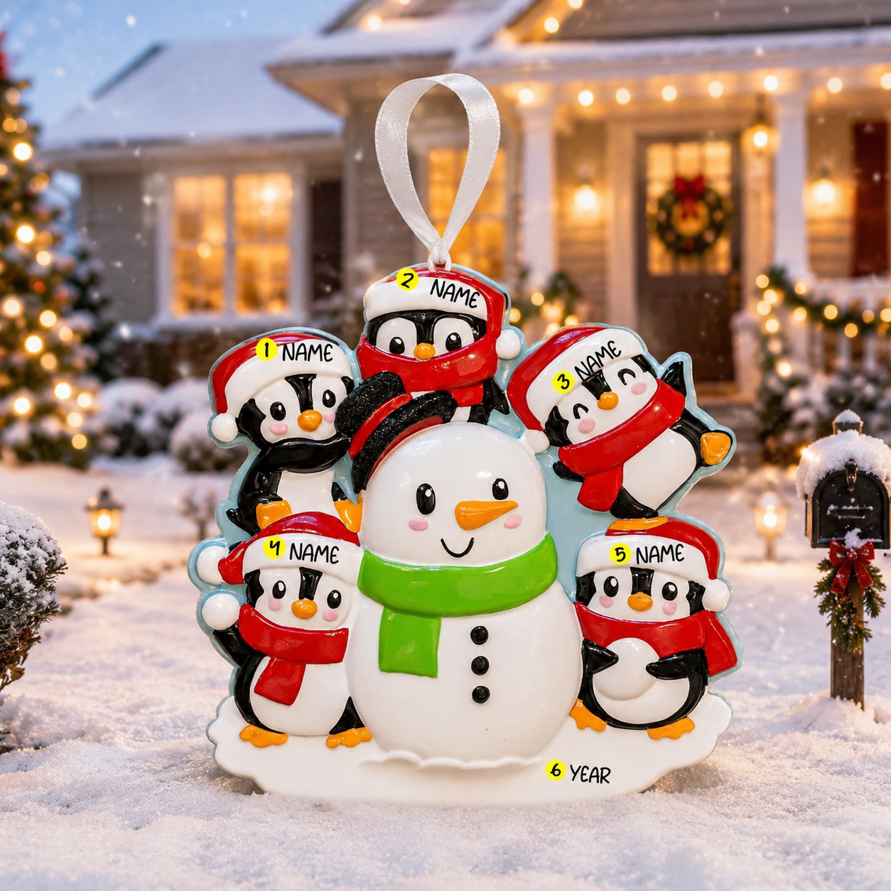 Personalized Christmas ornament with penguins and a snowman in front of a decorated house.