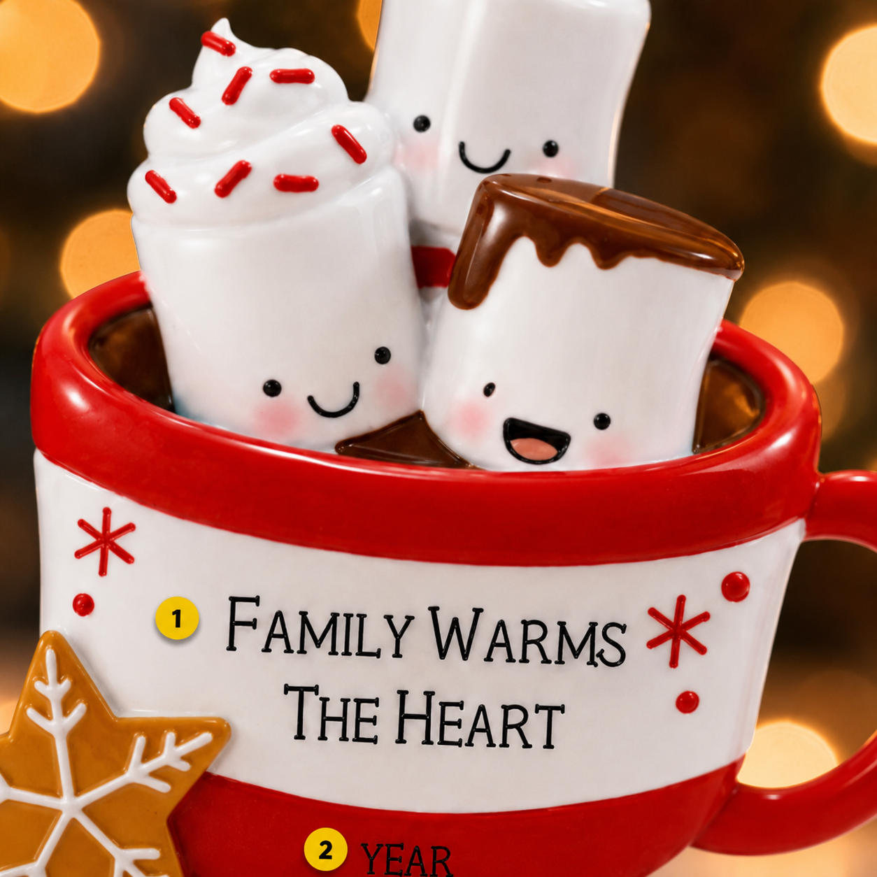 Red mug with marshmallows and text 'Family warms the heart' against a blurred warm light background